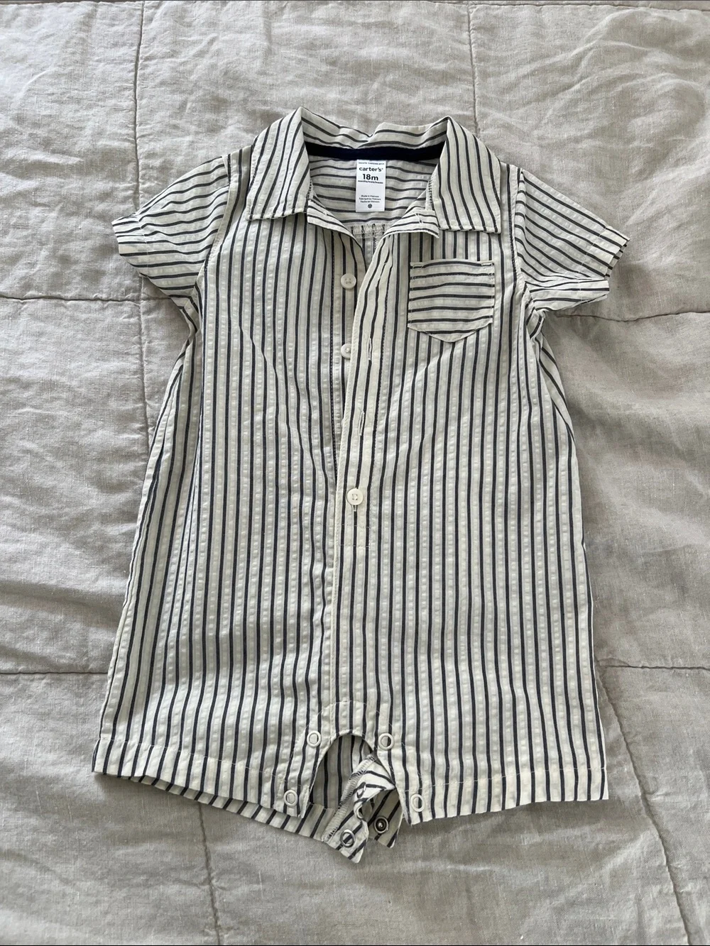 Carter's Cream and Navy Pinstripe Short-Sleeve One-Piece